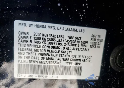2018 Honda Pilot Exl from USA, damaged, VIN 5FNYF6H57JB062342